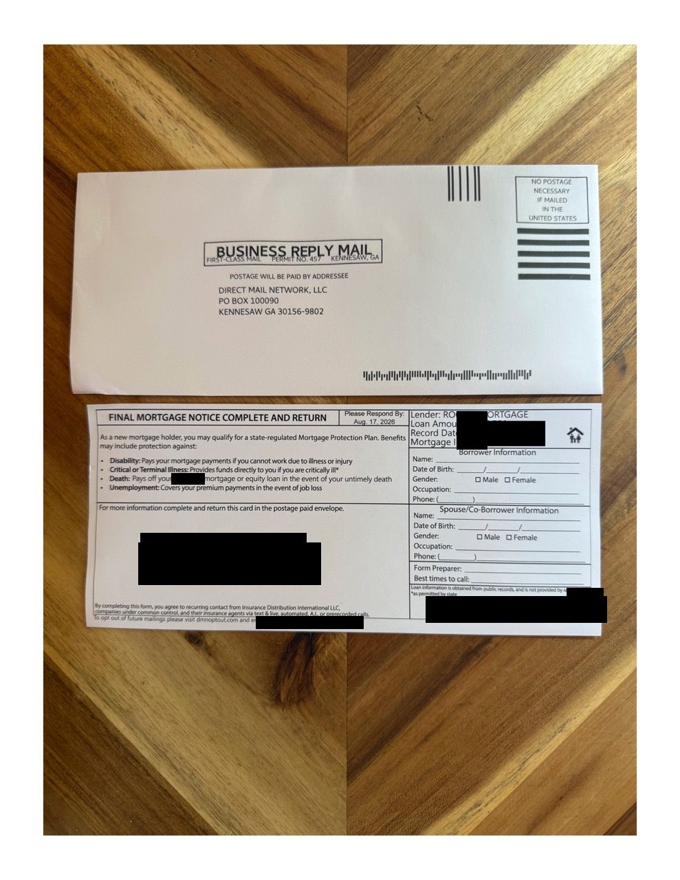 A reply card headed FINAL MORTGAGE NOTICE COMPLETE AND RETURN, listing the borrower's lender and loan amount, with a postage paid business reply envelope.