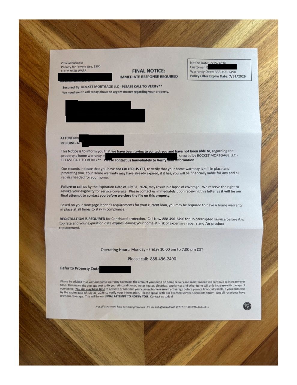 A home warranty solicitation headed FINAL NOTICE, IMMEDIATE RESPONSE REQUIRED, with Official Business and Penalty for Private Use printed at the top.