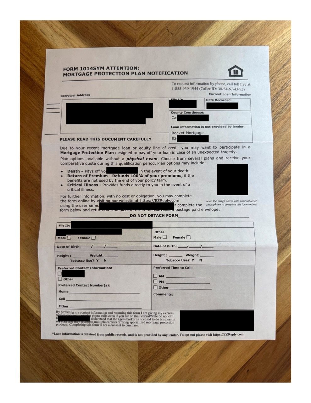 A mailer headed FORM 1014SYM ATTENTION: MORTGAGE PROTECTION PLAN NOTIFICATION, with a tear-off form asking for date of birth, height, weight, and tobacco use.